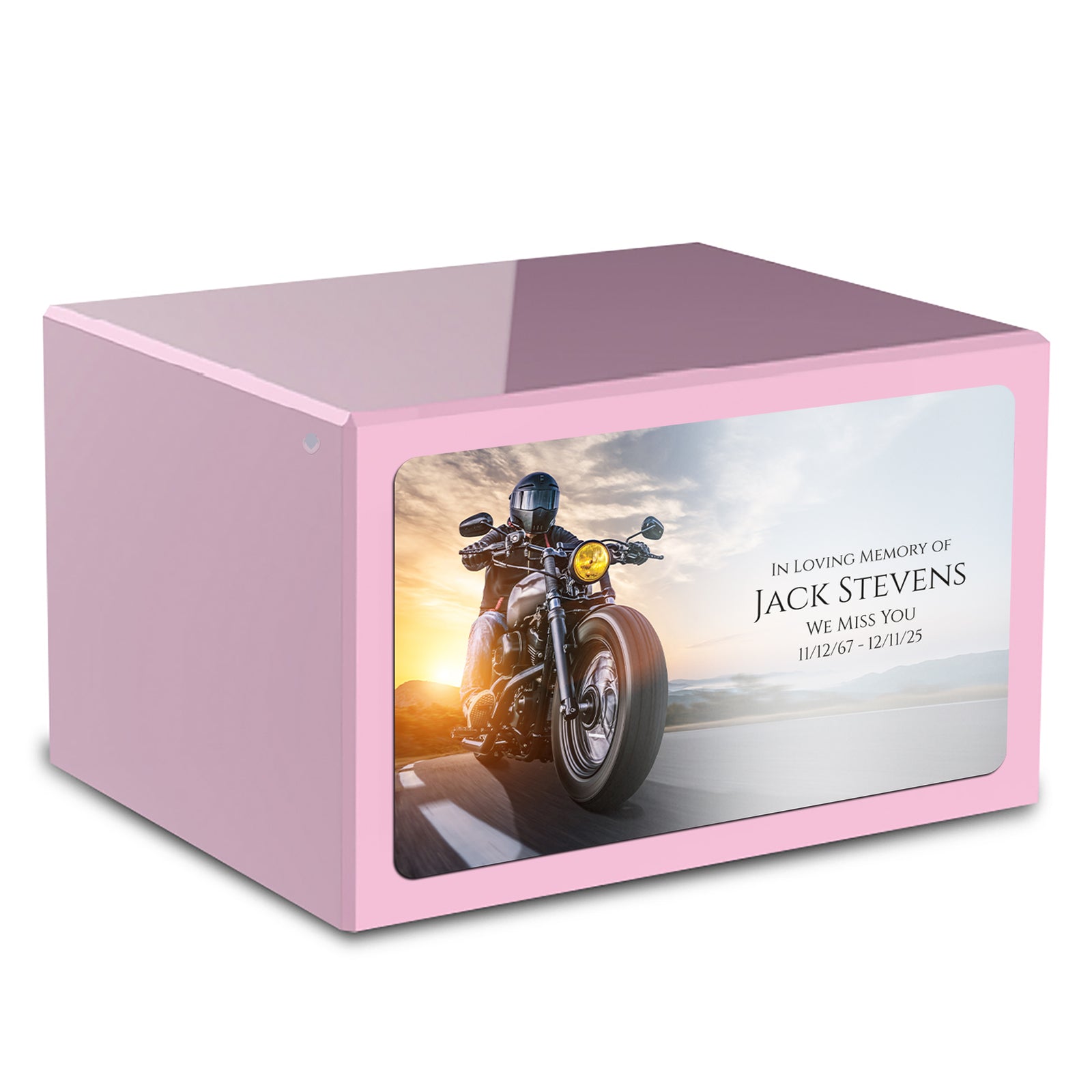 Custom Printed Heritage Light Pink Motorcycle Wood Box Cremation Urn