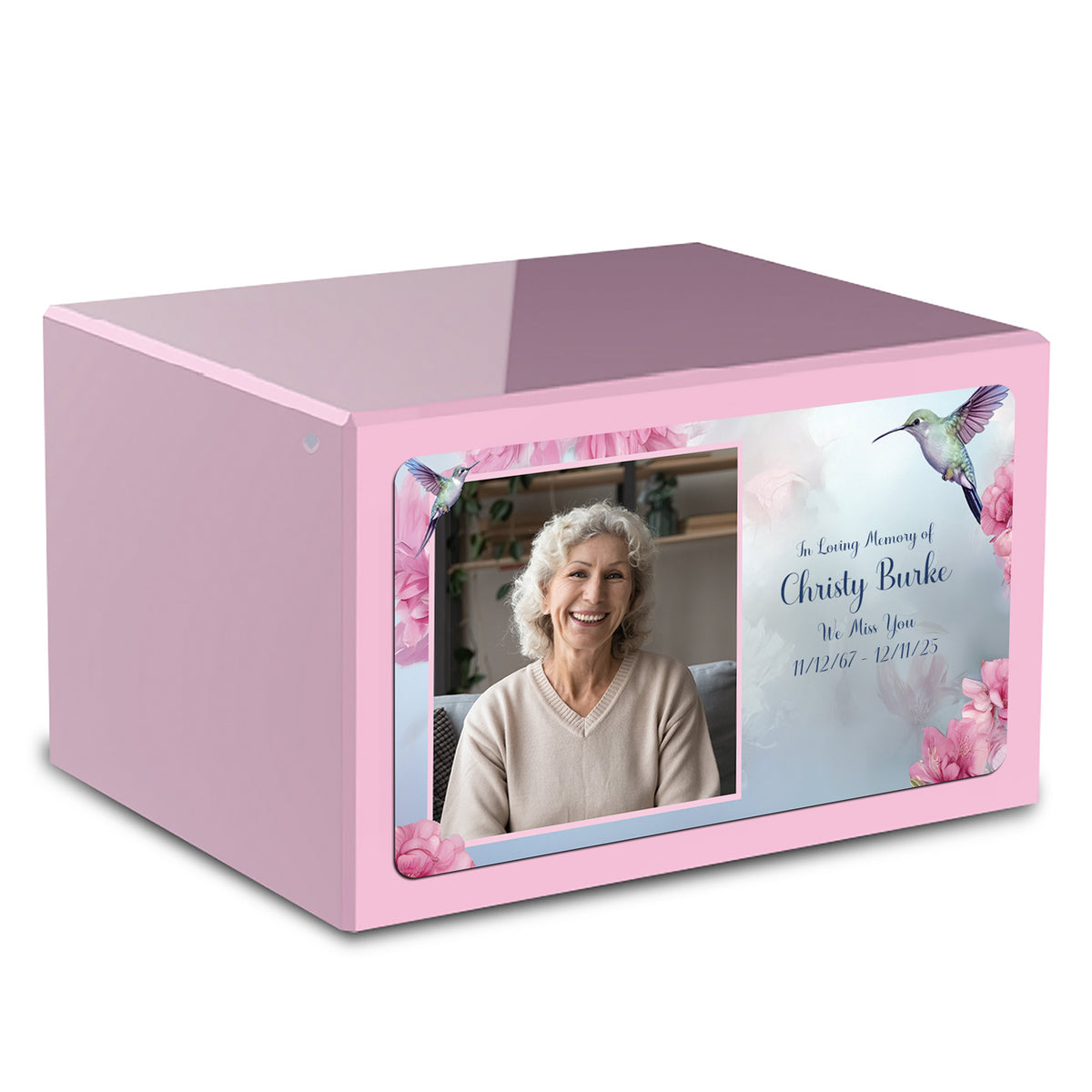 Custom Printed Heritage Light Pink Photo Hummingbird Wood Cremation Urn Box