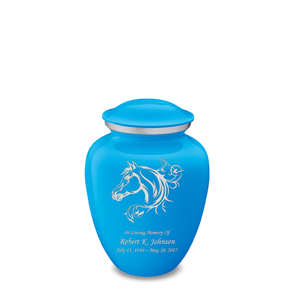 Medium Embrace Racing Blue Horse Cremation Urn