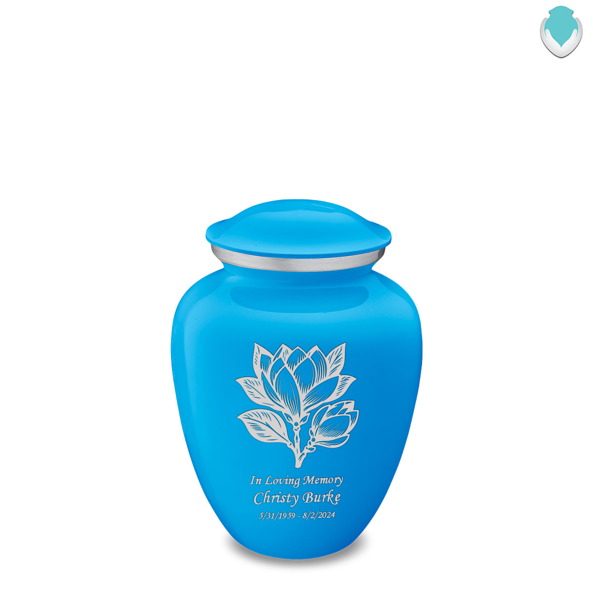 Medium Embrace Racing Blue Magnolia Flower Cremation Urn