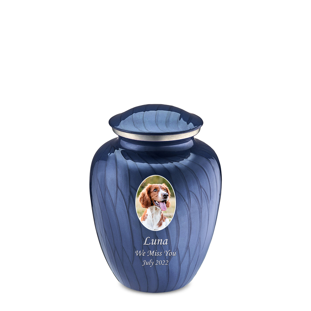Medium Pet Embrace Pearl Cobalt Blue Portrait Cremation Urn