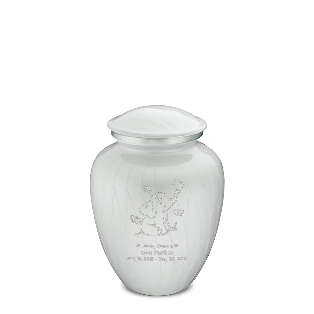 Medium Embrace Pearl White Baby Elephant Butterflies Cremation Urn