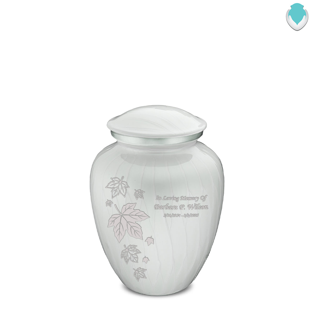Medium Embrace Pearl White Falling Leaves Cremation Urn