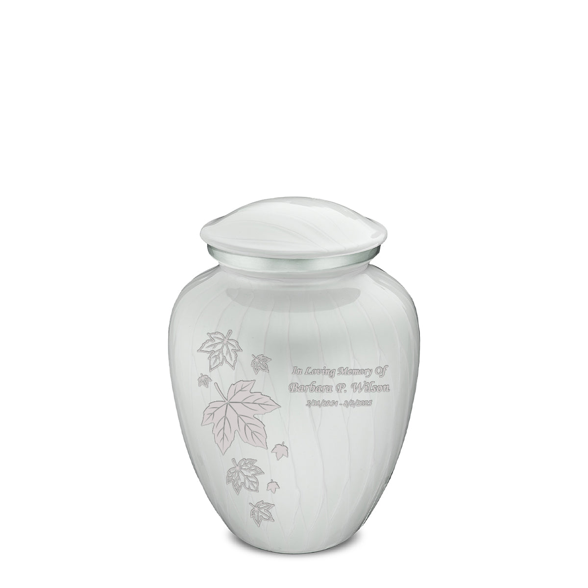Medium Embrace Pearl White Falling Leaves Cremation Urn