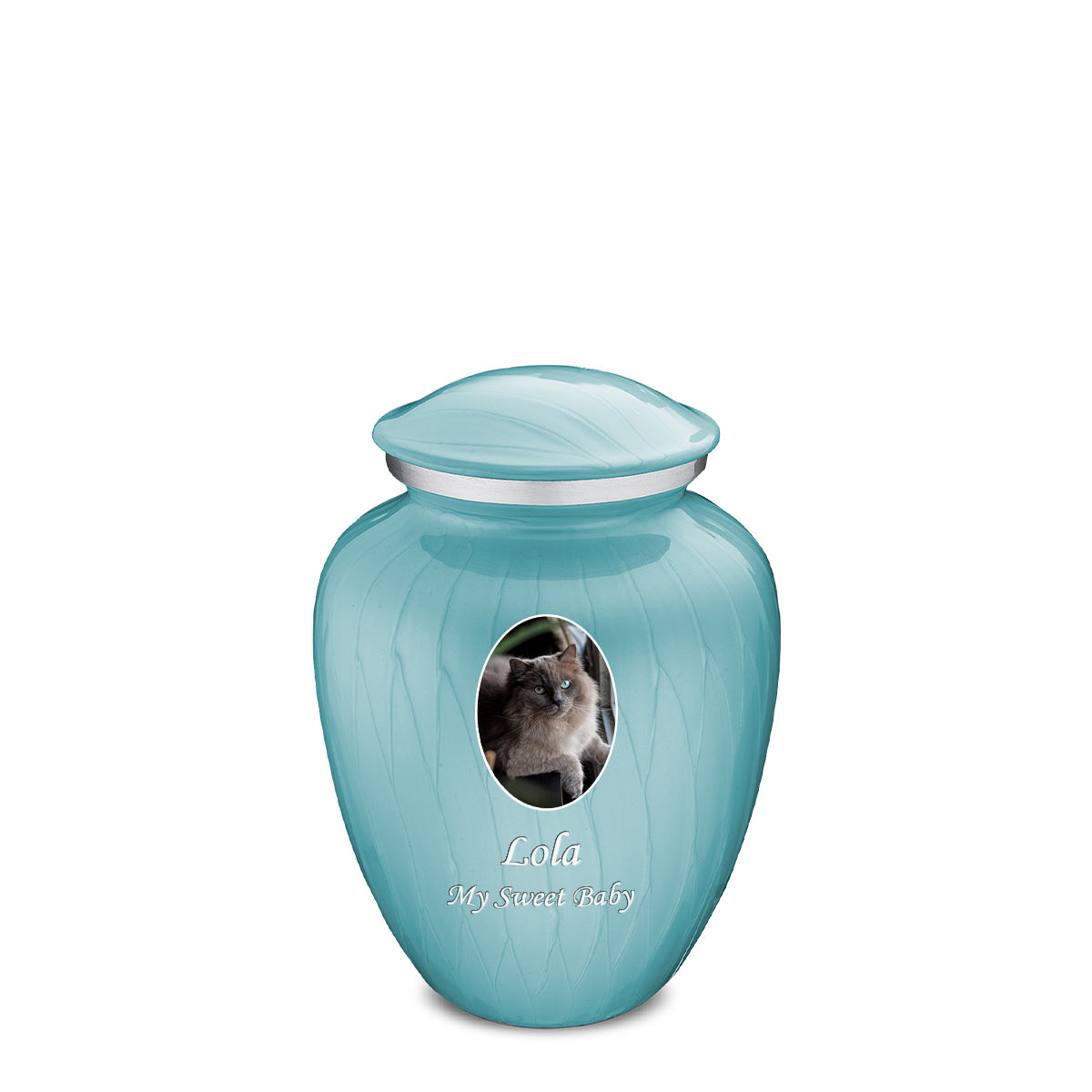 Medium Pet Embrace Pearl Light Blue Portrait Cremation Urn