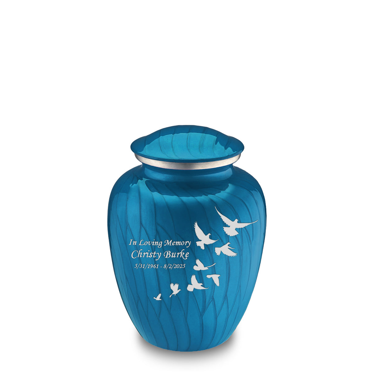 Medium Embrace Pearl Racing Blue Doves Cremation Urn