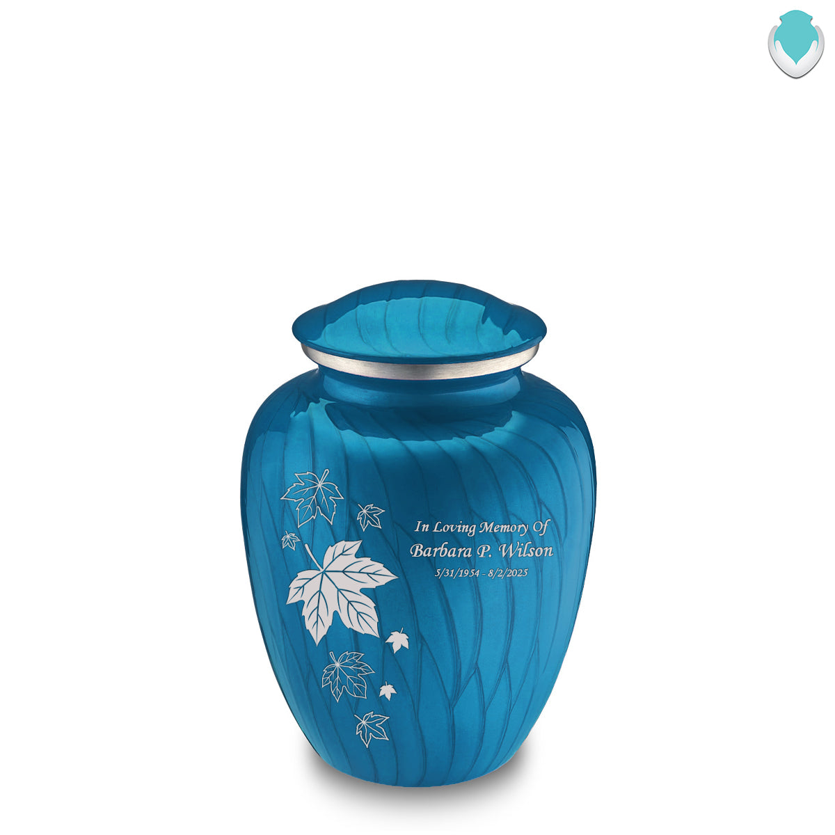 Medium Embrace Pearl Racing Blue Falling Leaves Cremation Urn