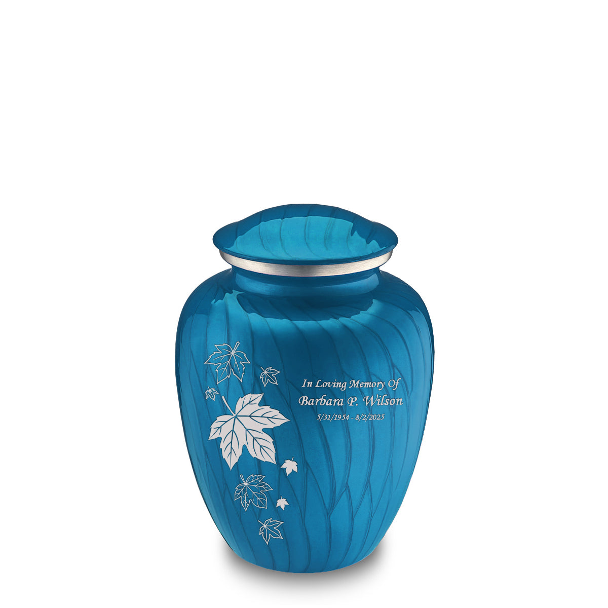 Medium Embrace Pearl Racing Blue Falling Leaves Cremation Urn