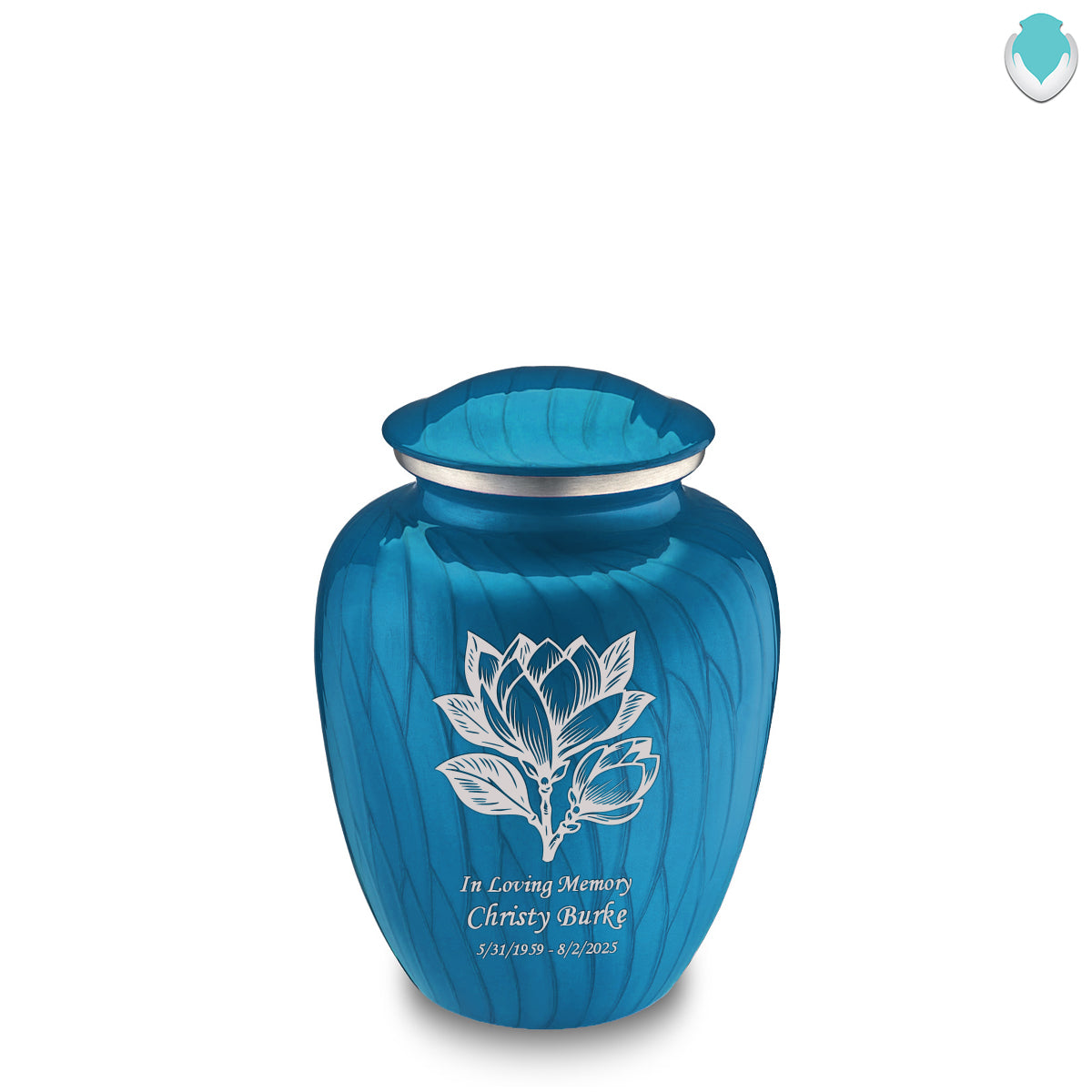 Medium Embrace Pearl Racing Blue Magnolia Flower Cremation Urn