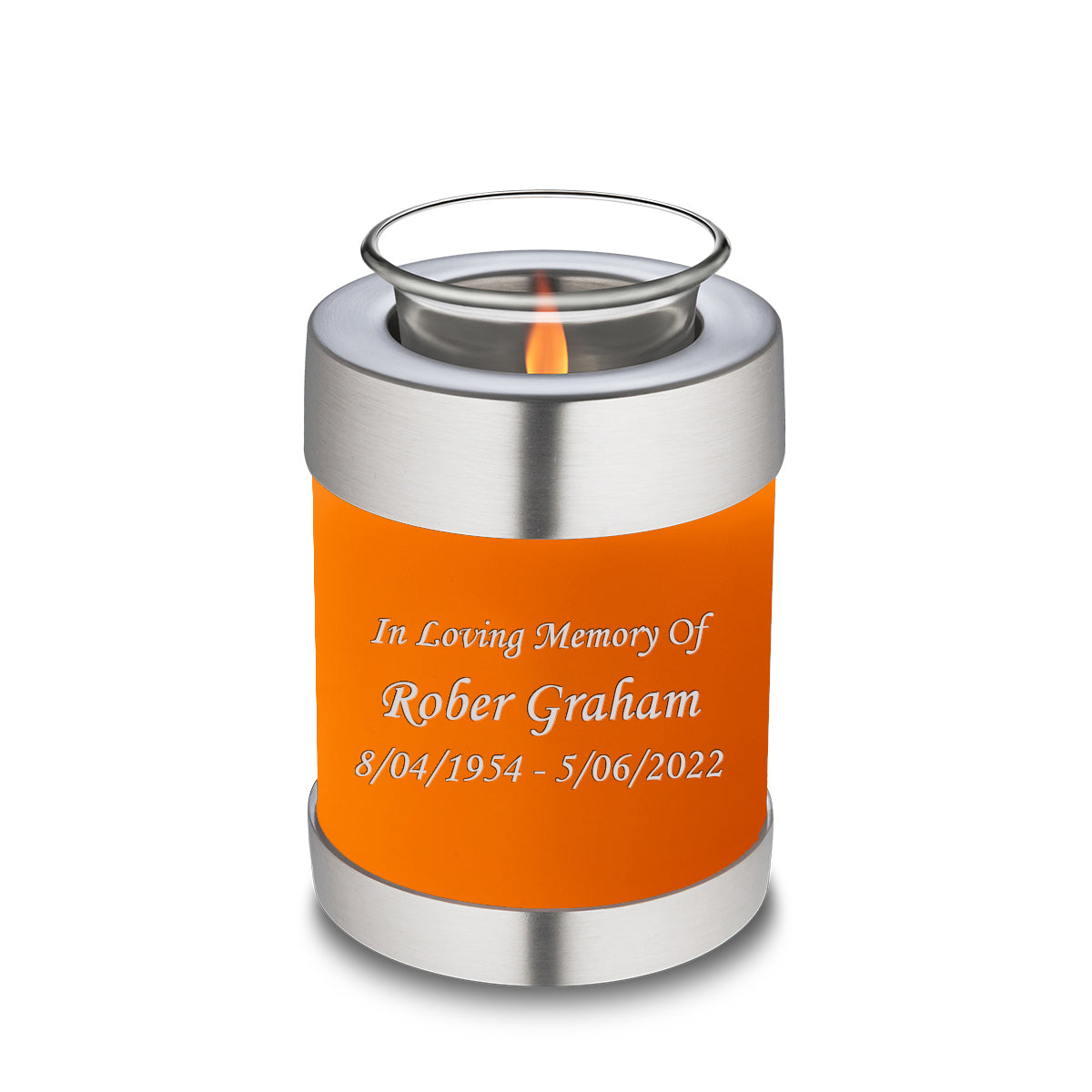 Candle Holder Embrace Burnt Orange Custom Engraved Text Cremation Urn