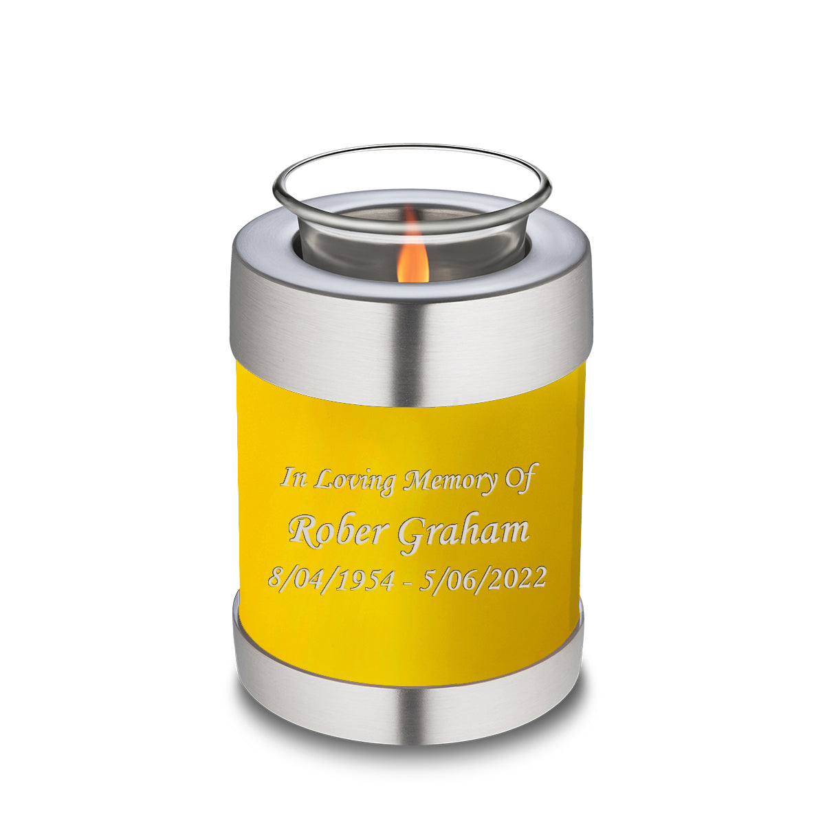 Candle Holder Embrace Yellow Custom Engraved Text Cremation Urn