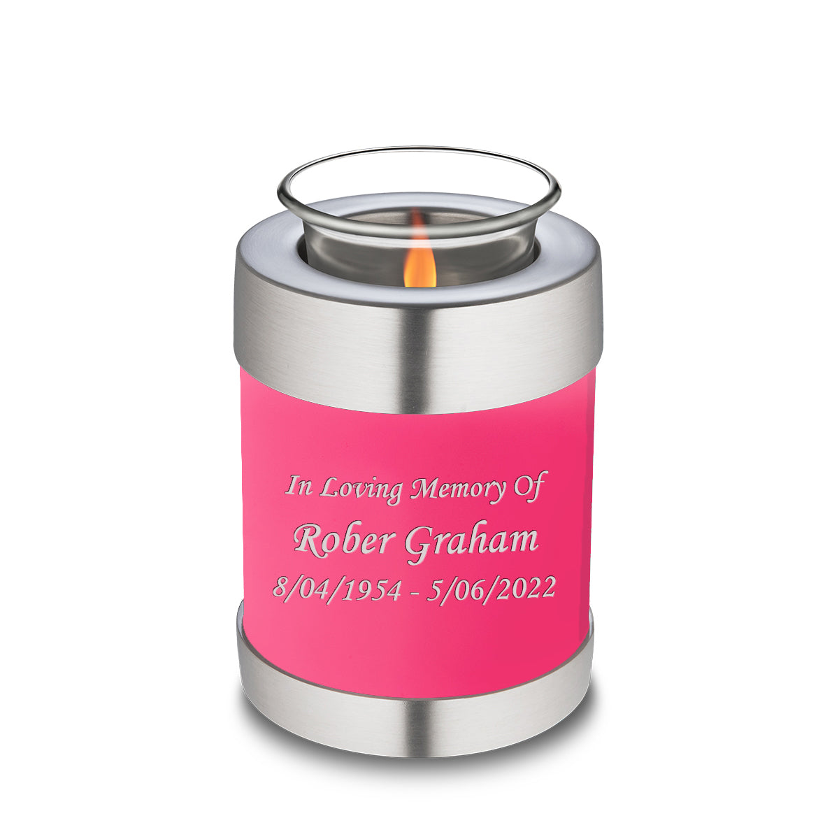 Candle Holder Embrace Bright Pink Custom Engraved Text Cremation Urn