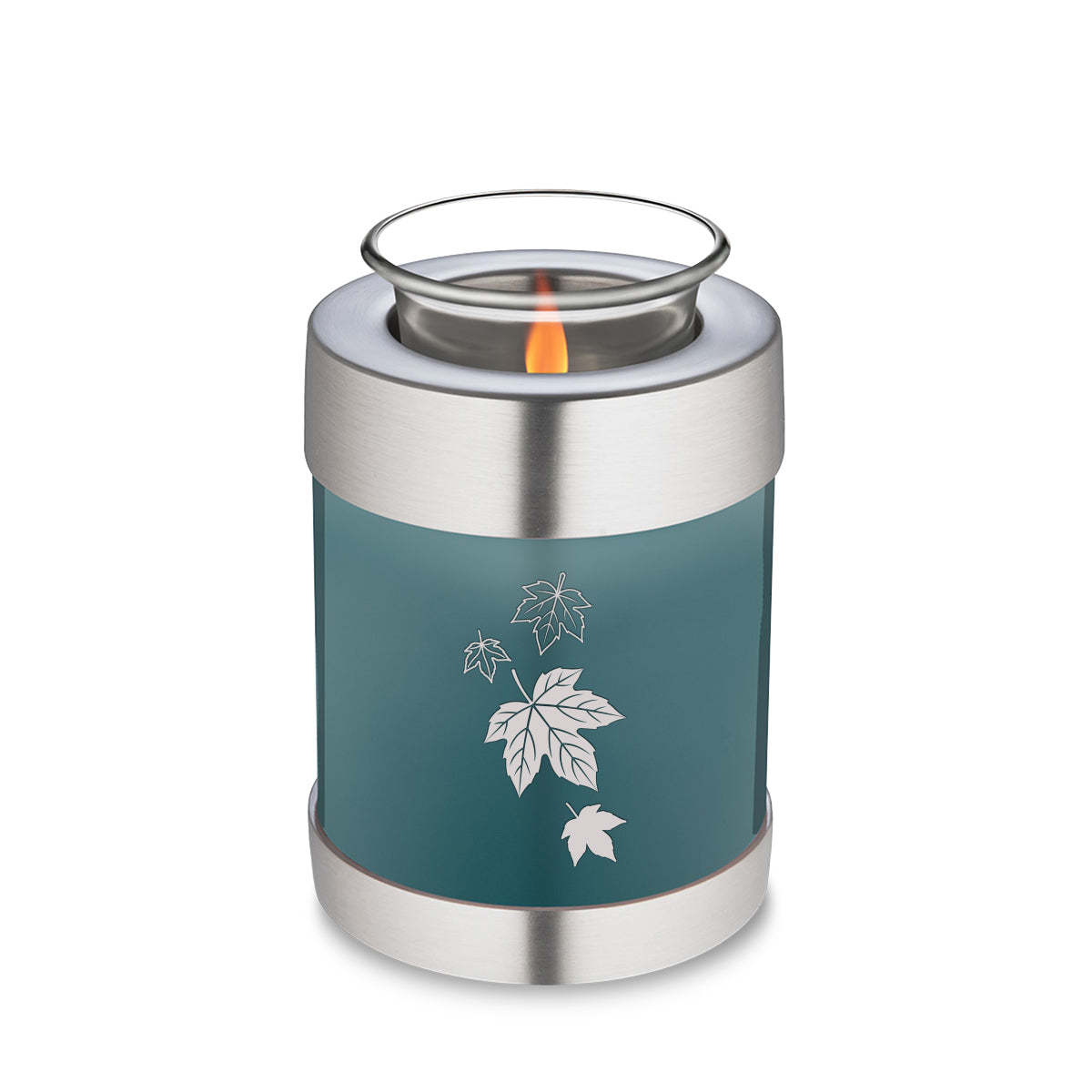 Candle Holder Embrace Teal Falling Leaves Cremation Urn