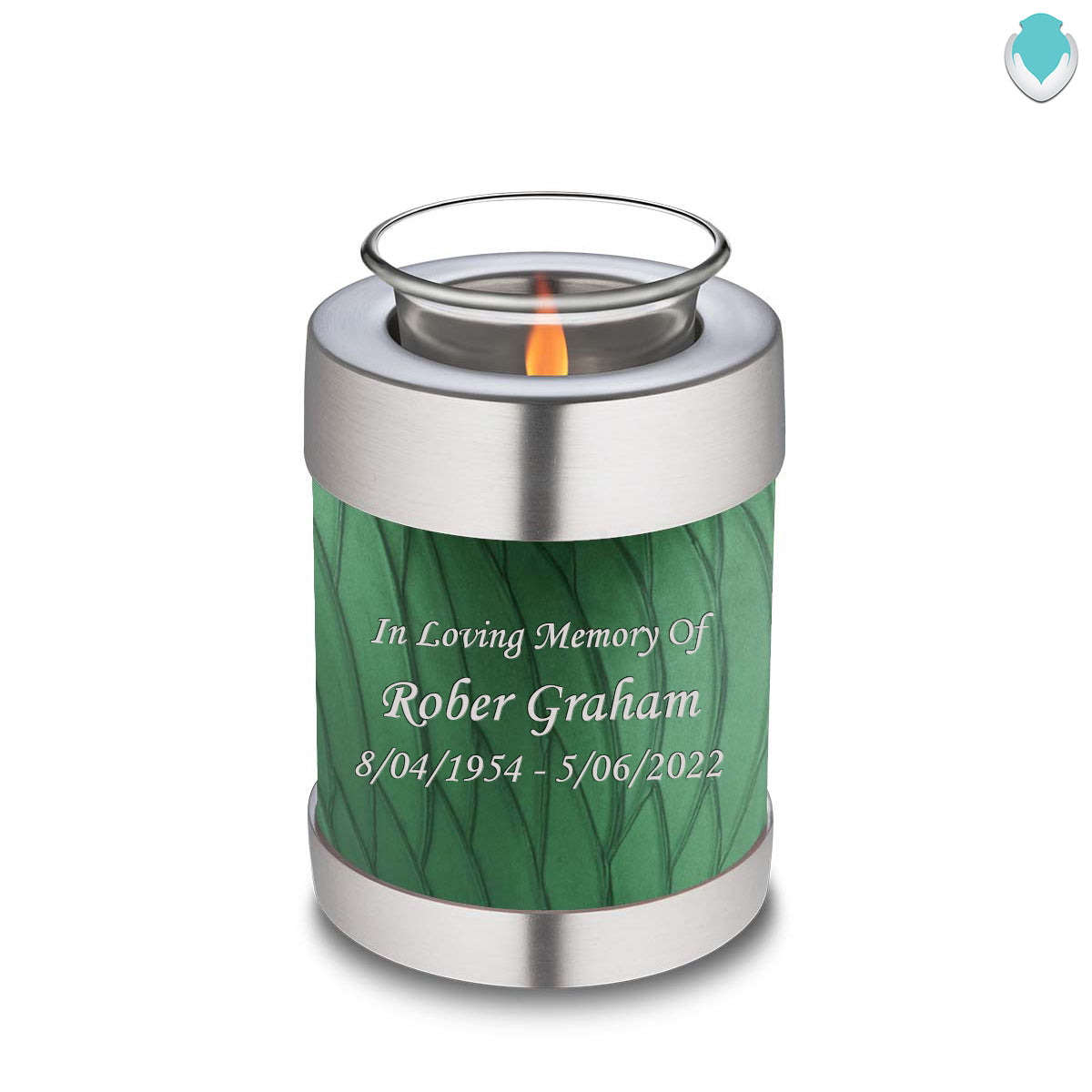 Candle Holder Embrace Pearl Green Custom Engraved Text Cremation Urn
