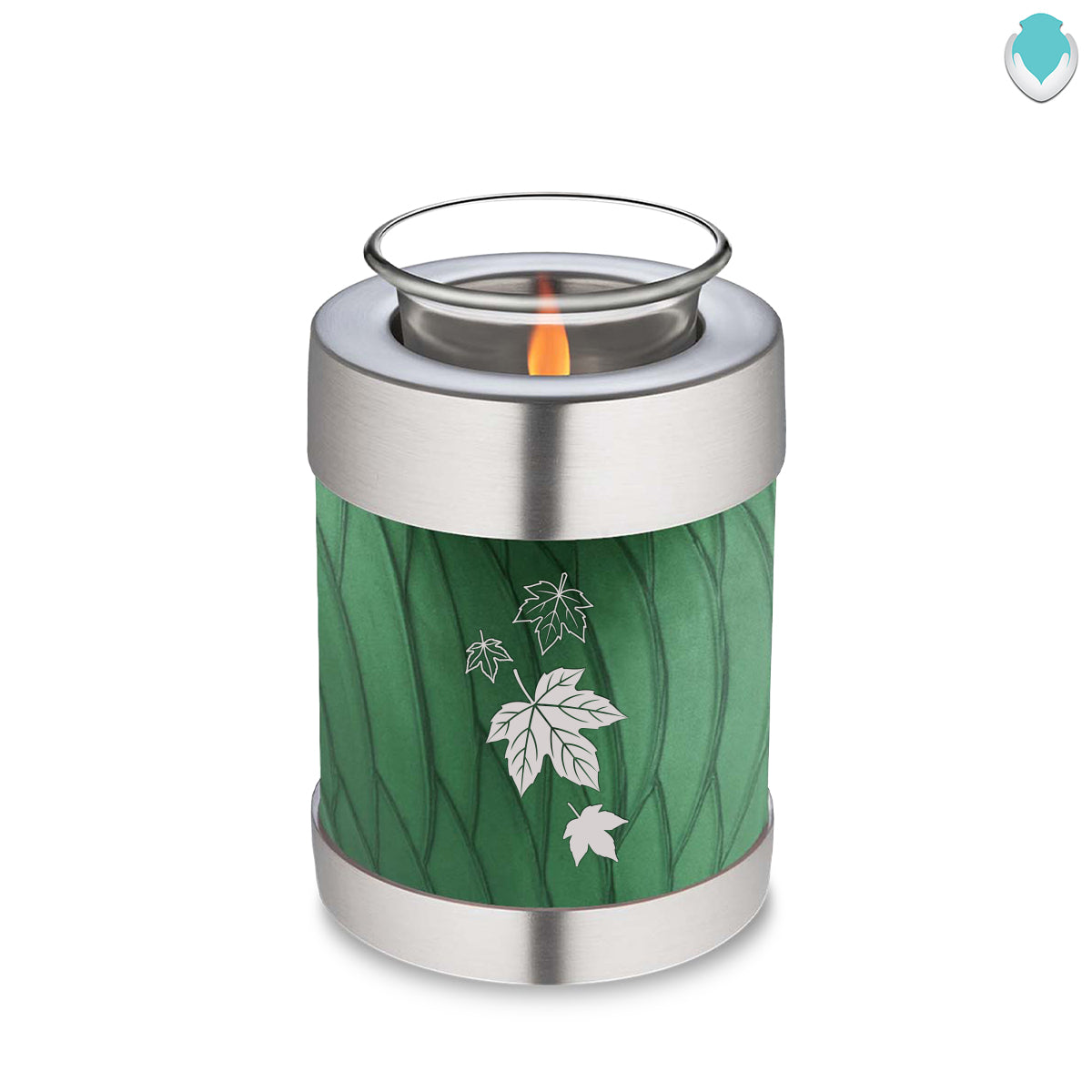 Candle Holder Embrace Pearl Green Falling Leaves Cremation Urn