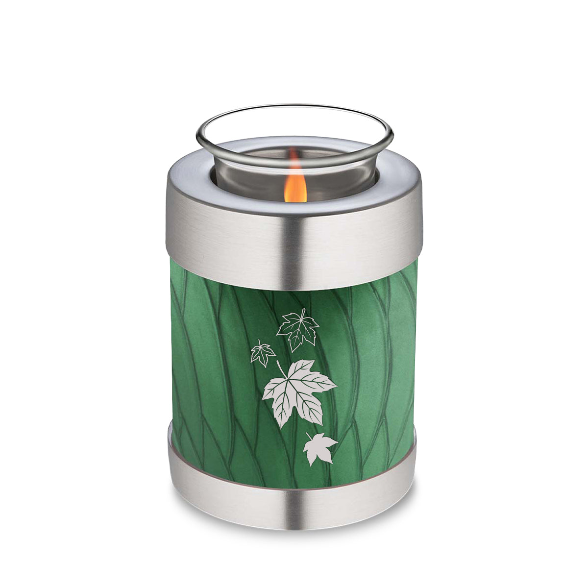 Candle Holder Embrace Pearl Green Falling Leaves Cremation Urn