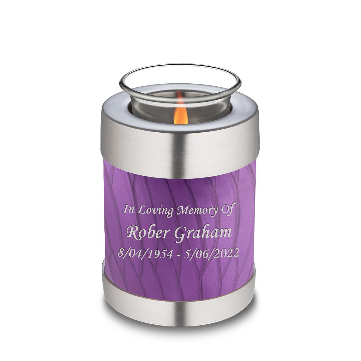 Candle Holder Embrace Pearl Purple Custom Engraved Text Cremation Urn