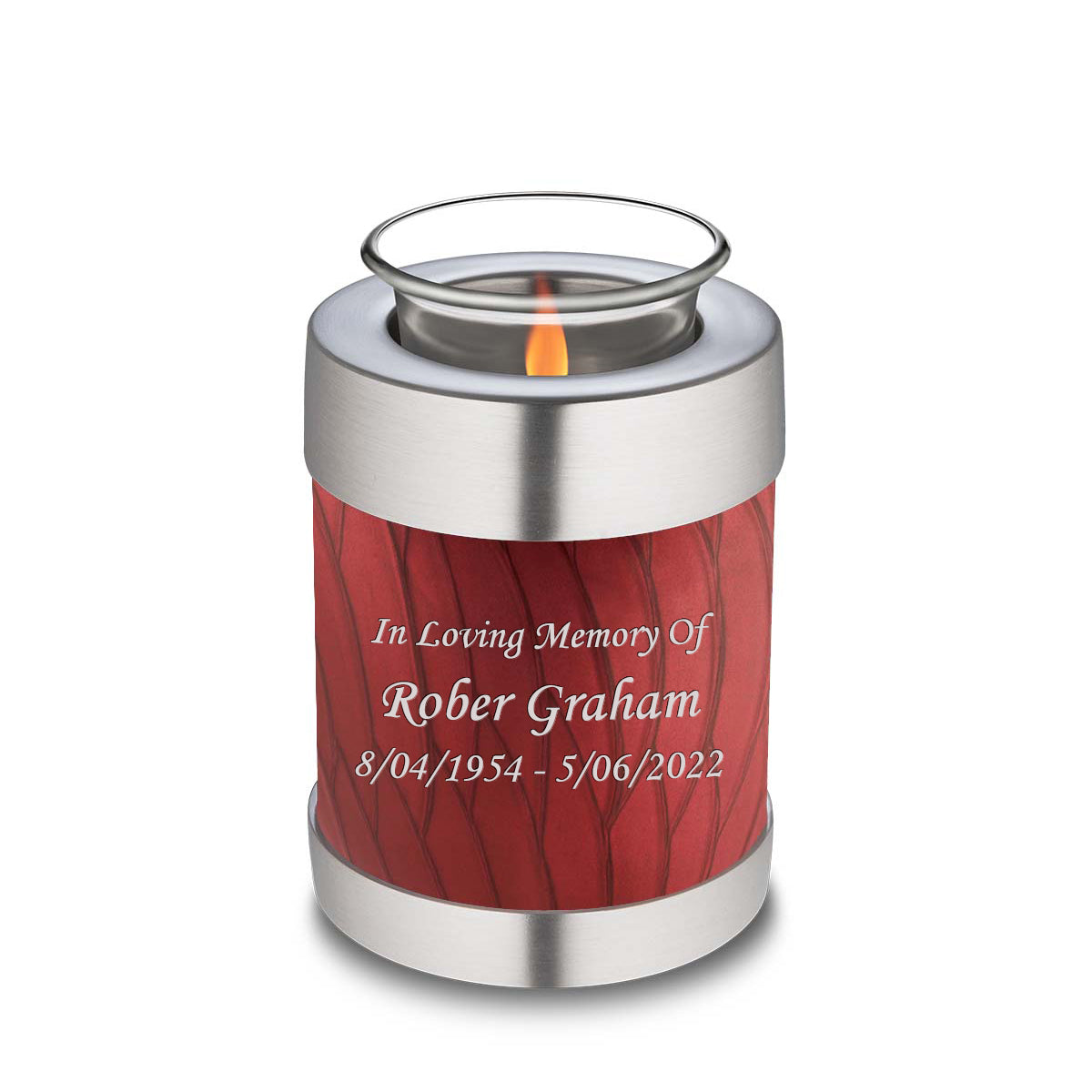 Candle Holder Embrace Pearl Candy Red Custom Engraved Text Cremation Urn