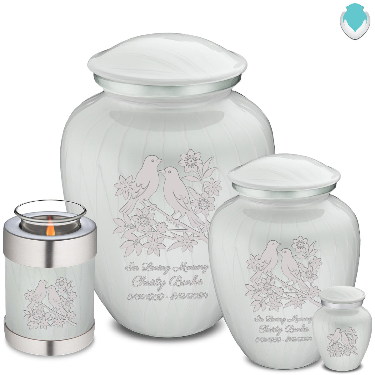 Medium Embrace Pearl White Songbirds Cremation Urn