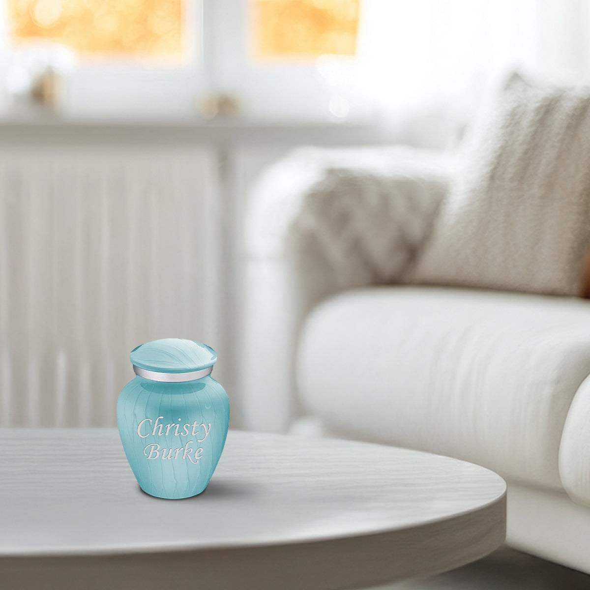 Keepsake Embrace Pearl Light Blue Custom Engraved Cremation Urn