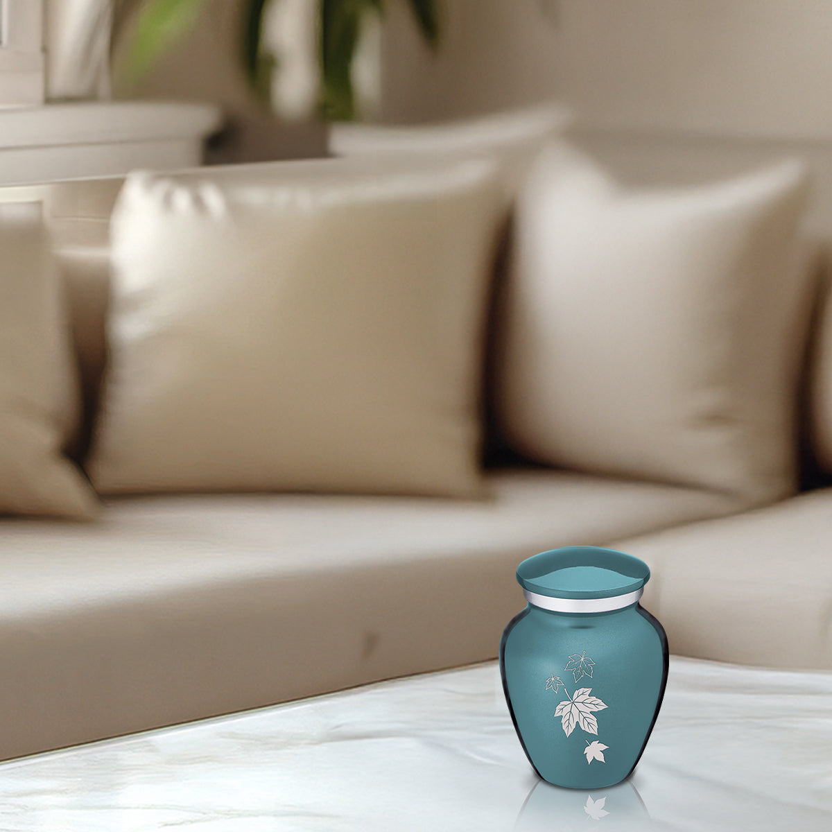 Keepsake Embrace Teal Falling Leaves Cremation Urn