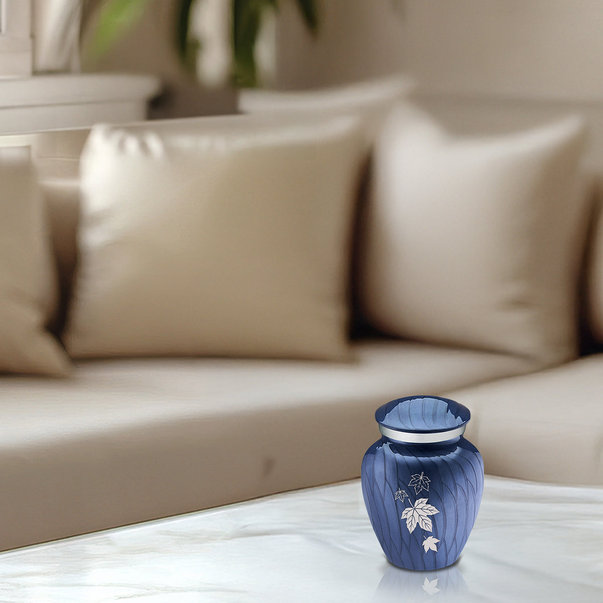 Keepsake Embrace Pearl Cobalt Blue Falling Leaves Cremation Urn