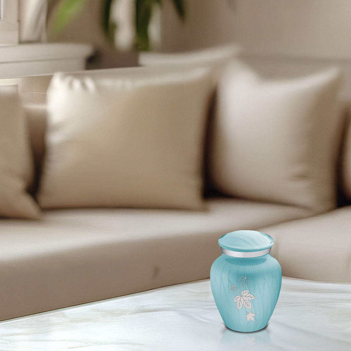 Keepsake Embrace Pearl Light Blue Falling Leaves Cremation Urn