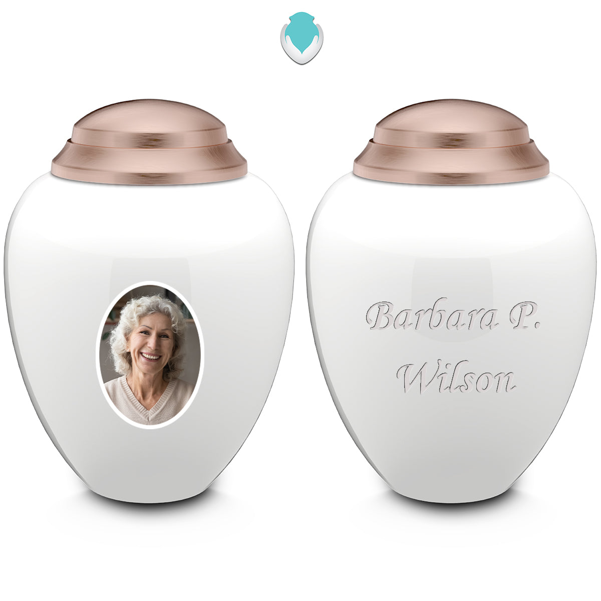 Keepsake Tribute White & Rose Gold Portrait Cremation Urn