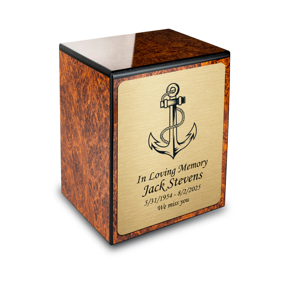 Custom Engraved Heritage Burl Small Cremation Urn Memorial Box for Ashes