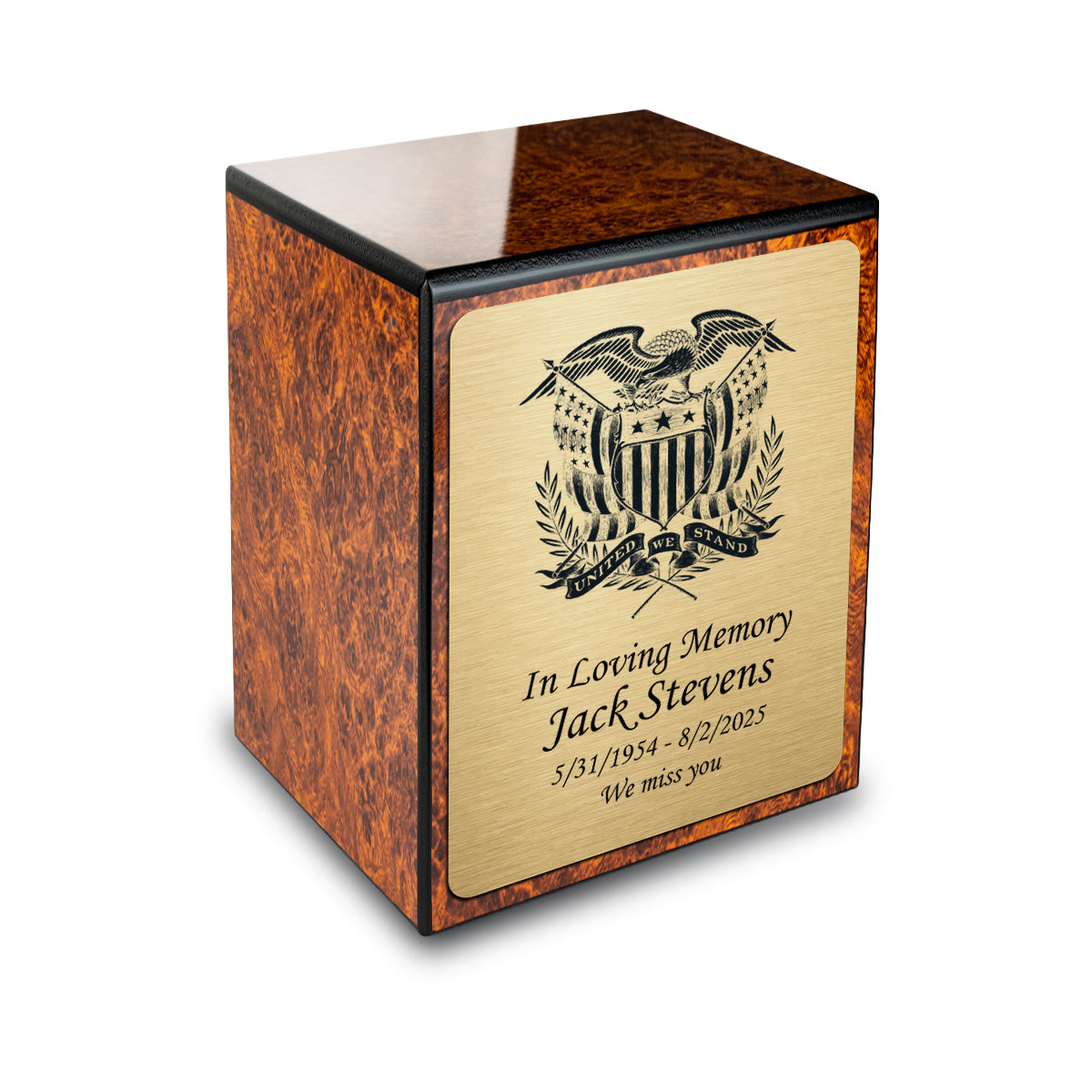 Custom Engraved Heritage Burl Small Cremation Urn Memorial Box for Ashes