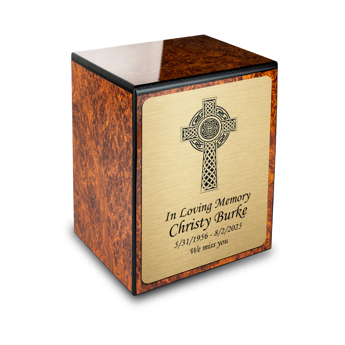 Custom Engraved Heritage Burl Small Cremation Urn Memorial Box for Ashes