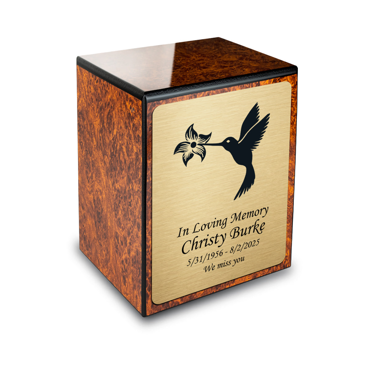 Custom Engraved Heritage Burl Small Cremation Urn Memorial Box for Ashes