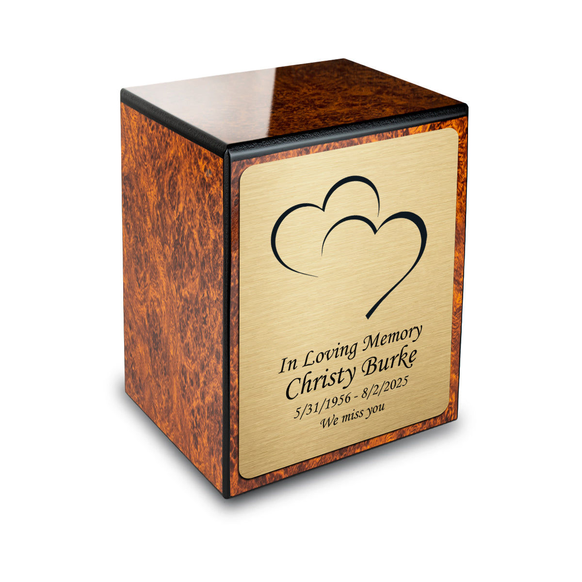 Custom Engraved Heritage Burl Small Cremation Urn Memorial Box for Ashes