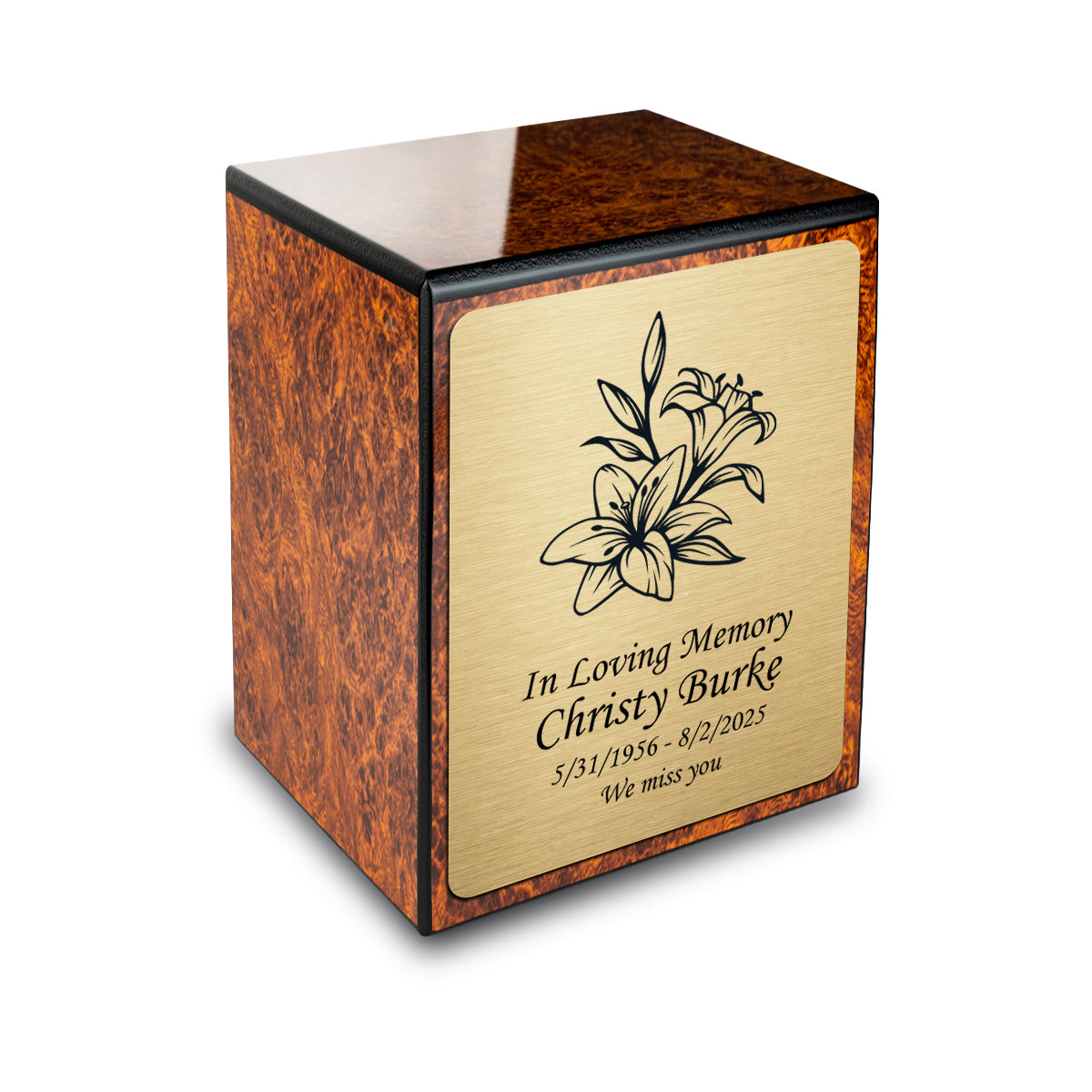 Custom Engraved Heritage Burl Small Cremation Urn Memorial Box for Ashes