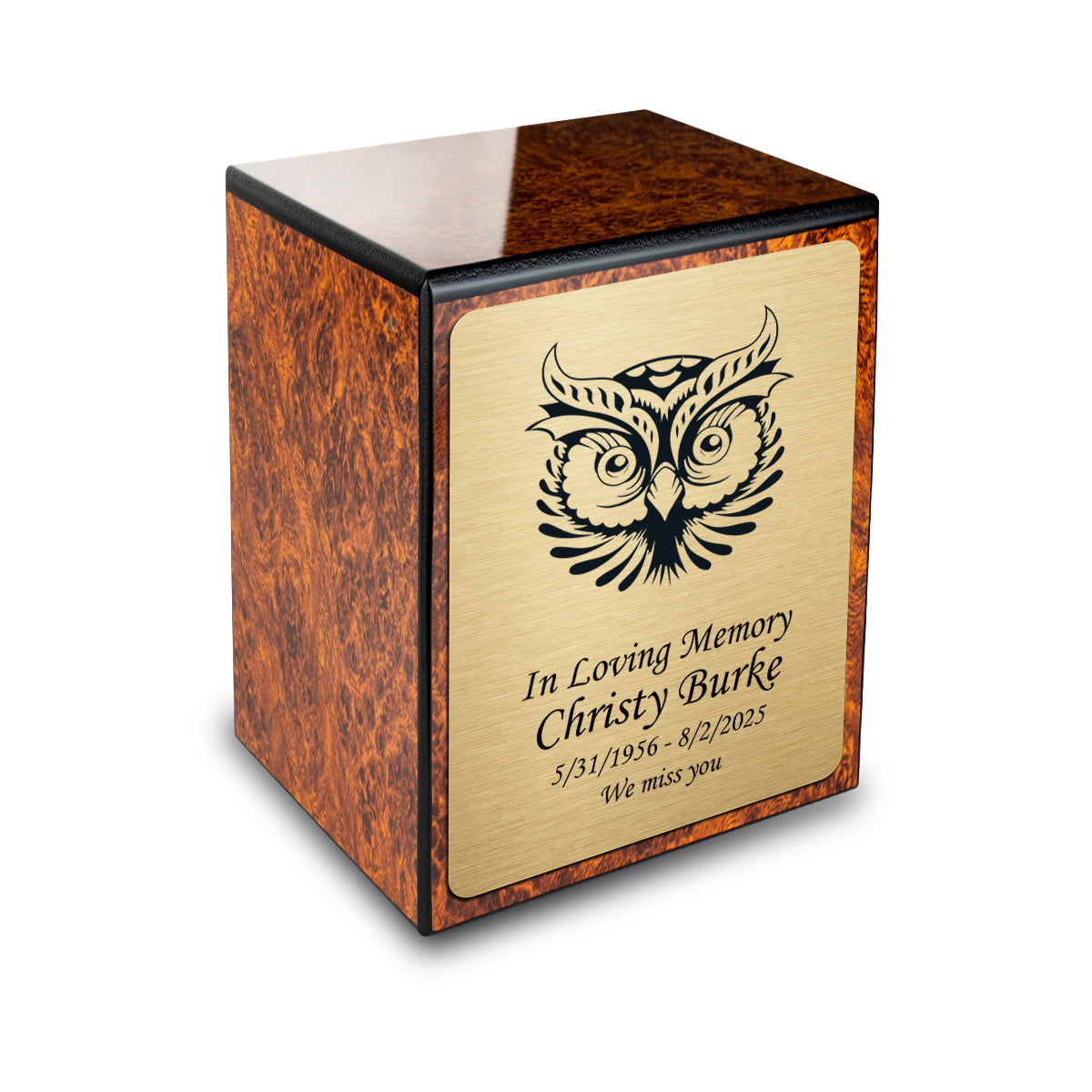 Custom Engraved Heritage Burl Small Cremation Urn Memorial Box for Ashes
