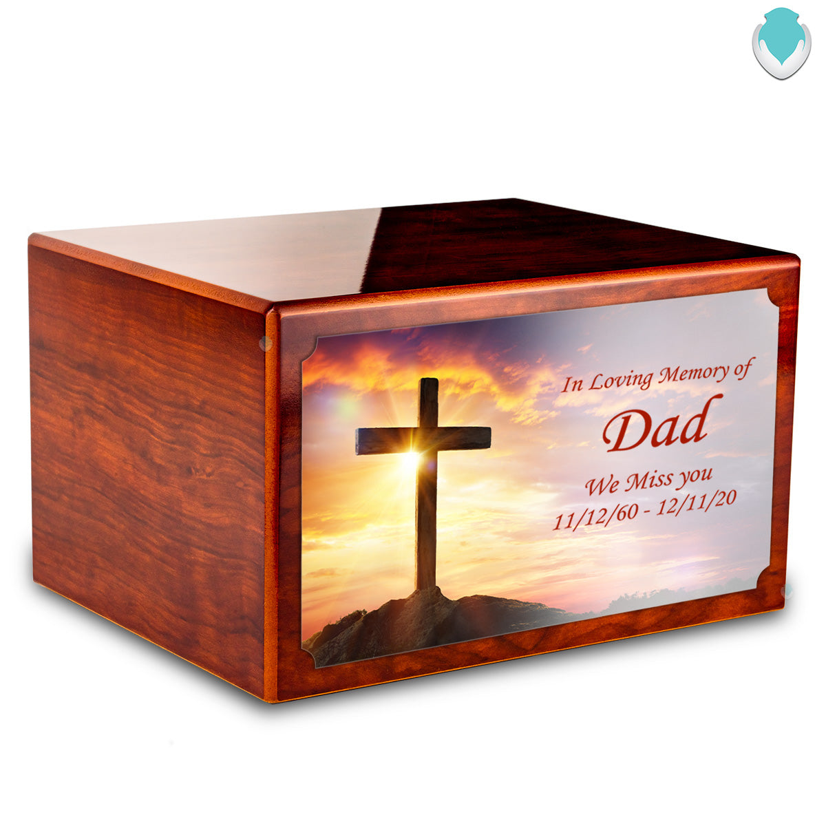 Custom Printed Heritage Rosewood Cross Wood Box Cremation Urn