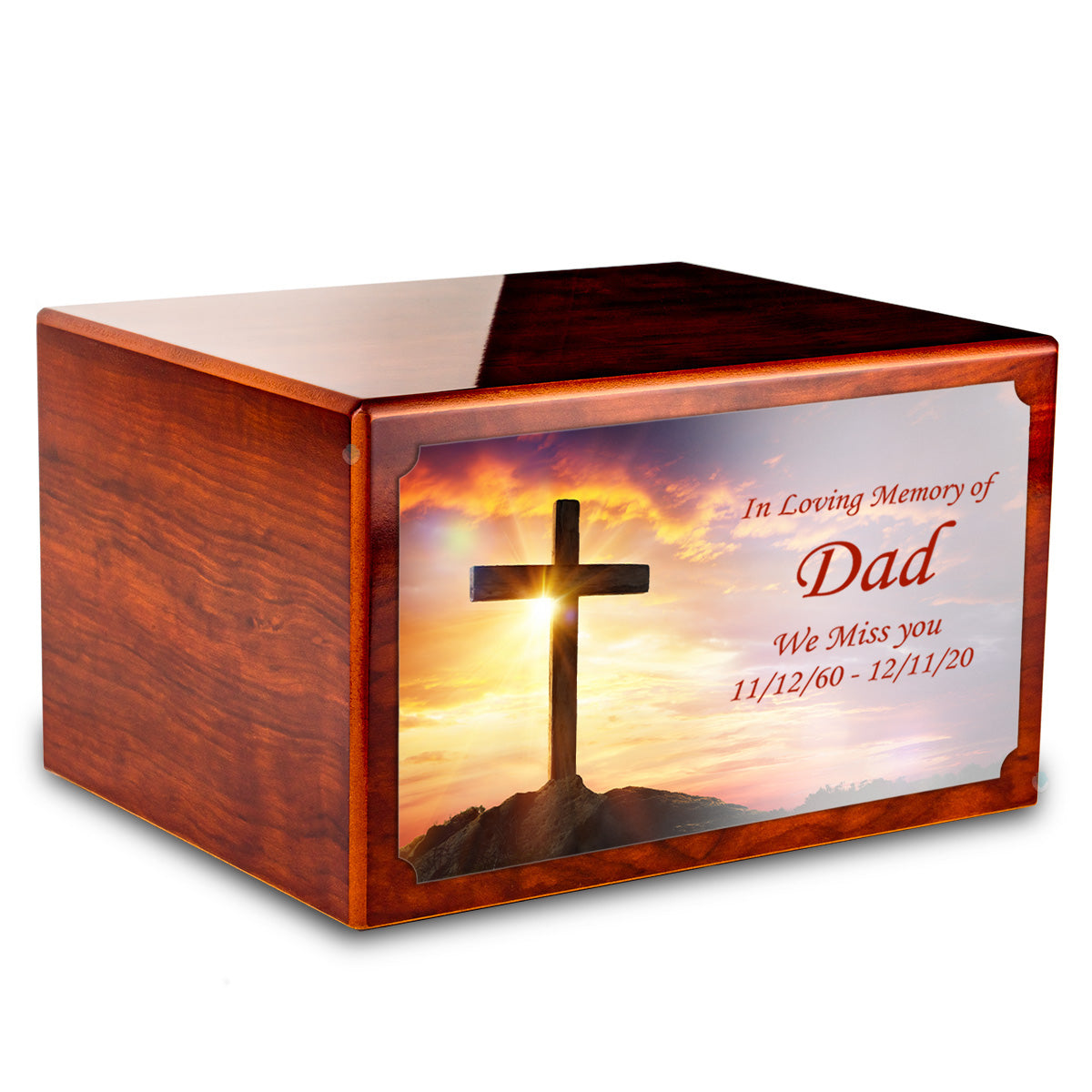 Custom Printed Heritage Rosewood Cross Wood Box Cremation Urn