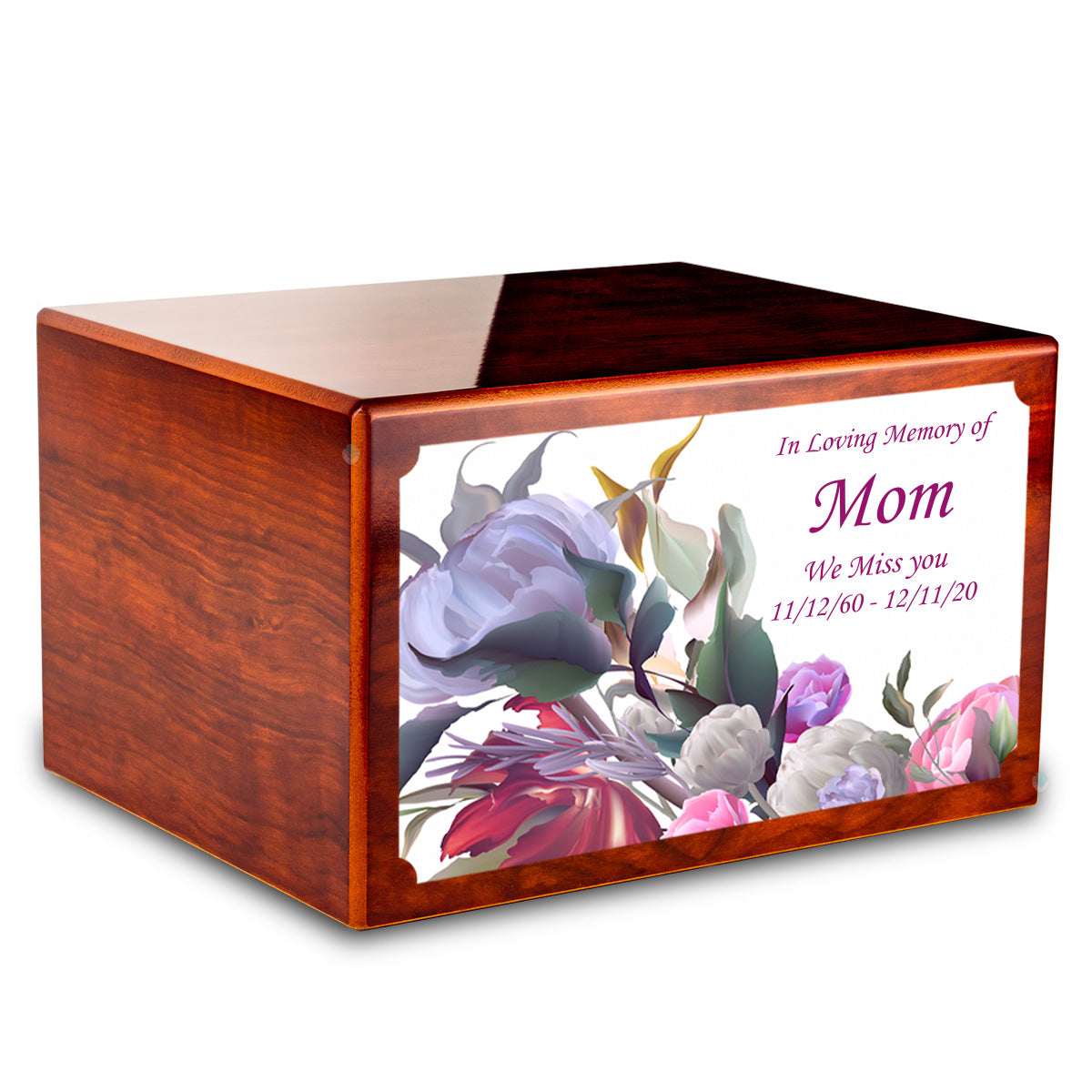 Custom Printed Heritage Rosewood Flowers Wood Box Cremation Urn