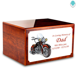 Custom Printed Heritage Rosewood Motorcycle Wood Box Cremation Urn