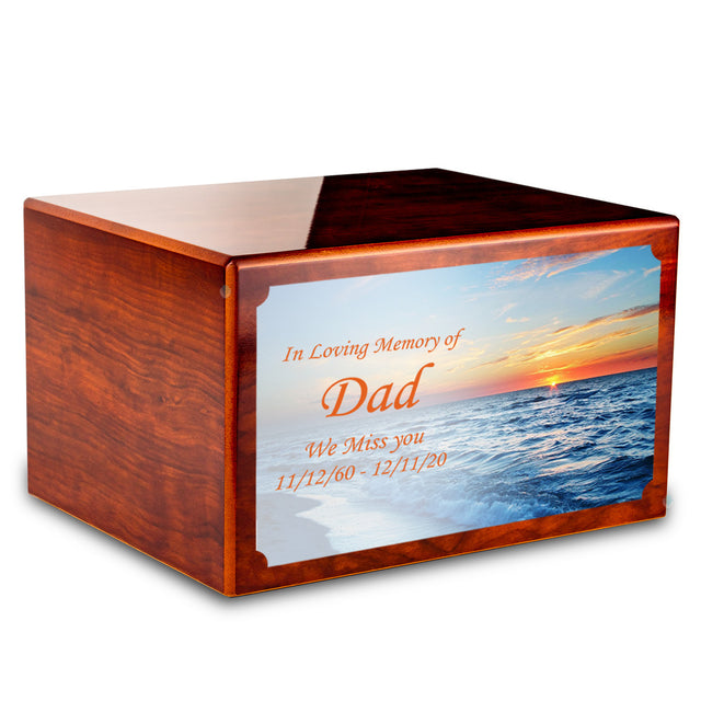 Custom Printed Heritage Rosewood Ocean Sunset Wood Box Cremation Urn