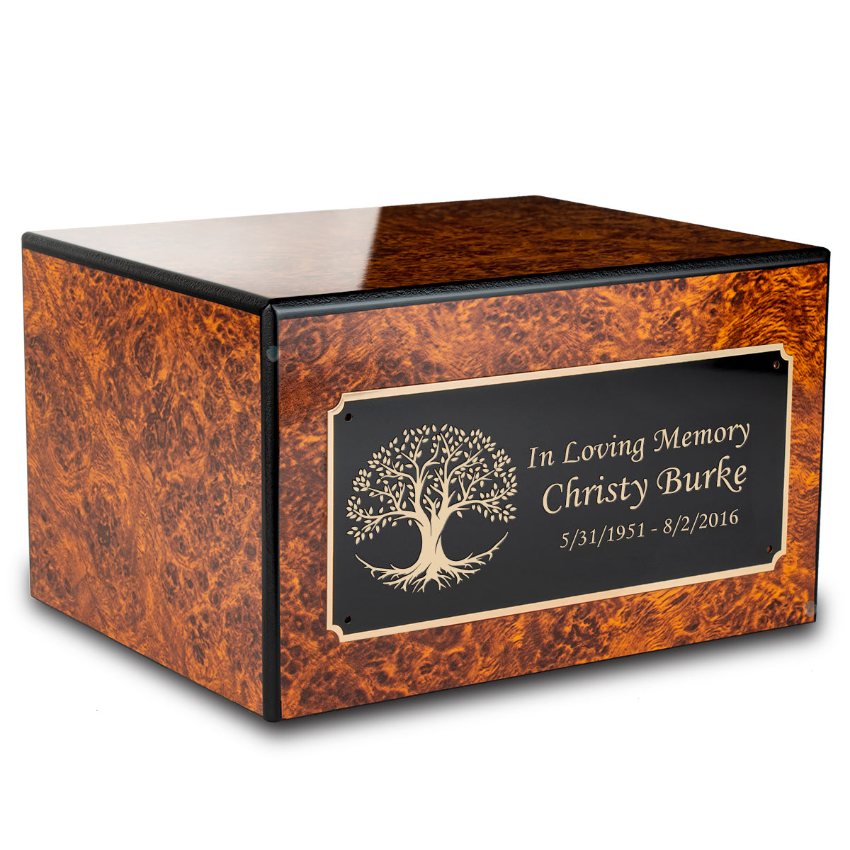 Custom Engraved Heritage Burl Adult Cremation Urn Memorial Box for Ashes