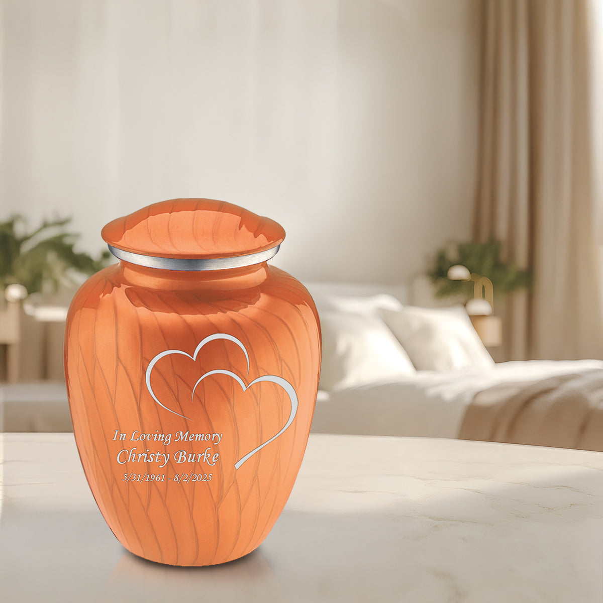 Adult Embrace Pearl Orange Hearts Cremation Urn