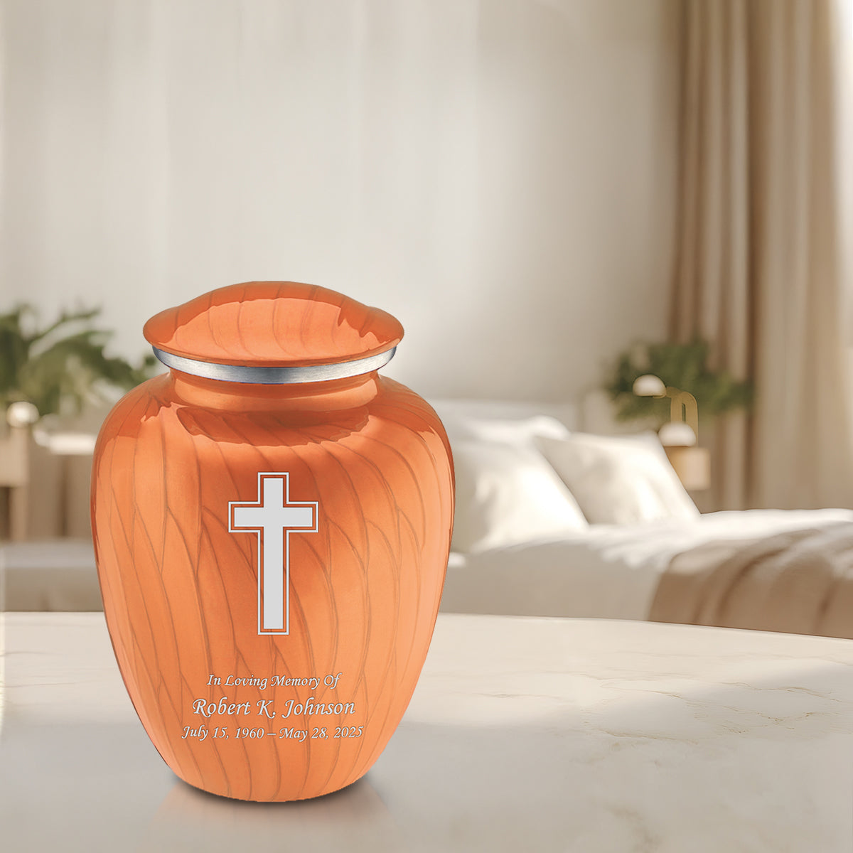 Adult Embrace Pearl Orange Simple Cross Cremation Urn