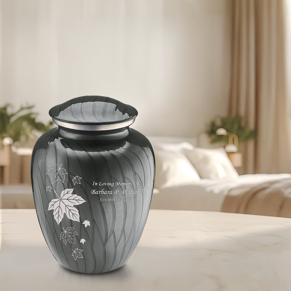 Medium Embrace Pearl Silver Falling Leaves Cremation Urn