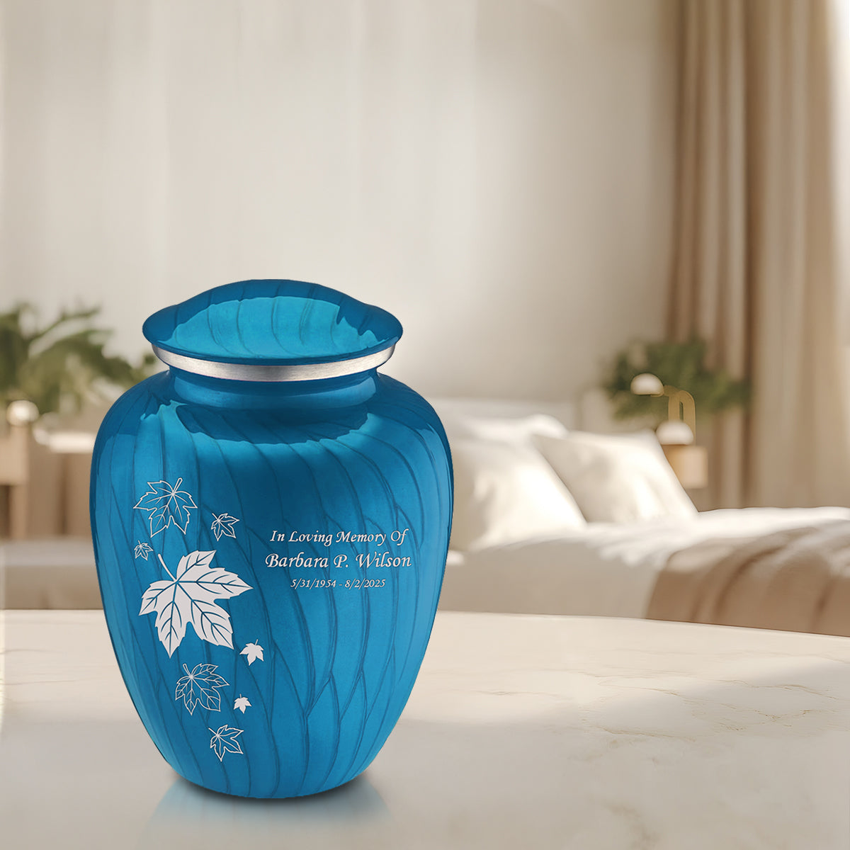 Adult Embrace Pearl Racing Blue Falling Leaves Cremation Urn