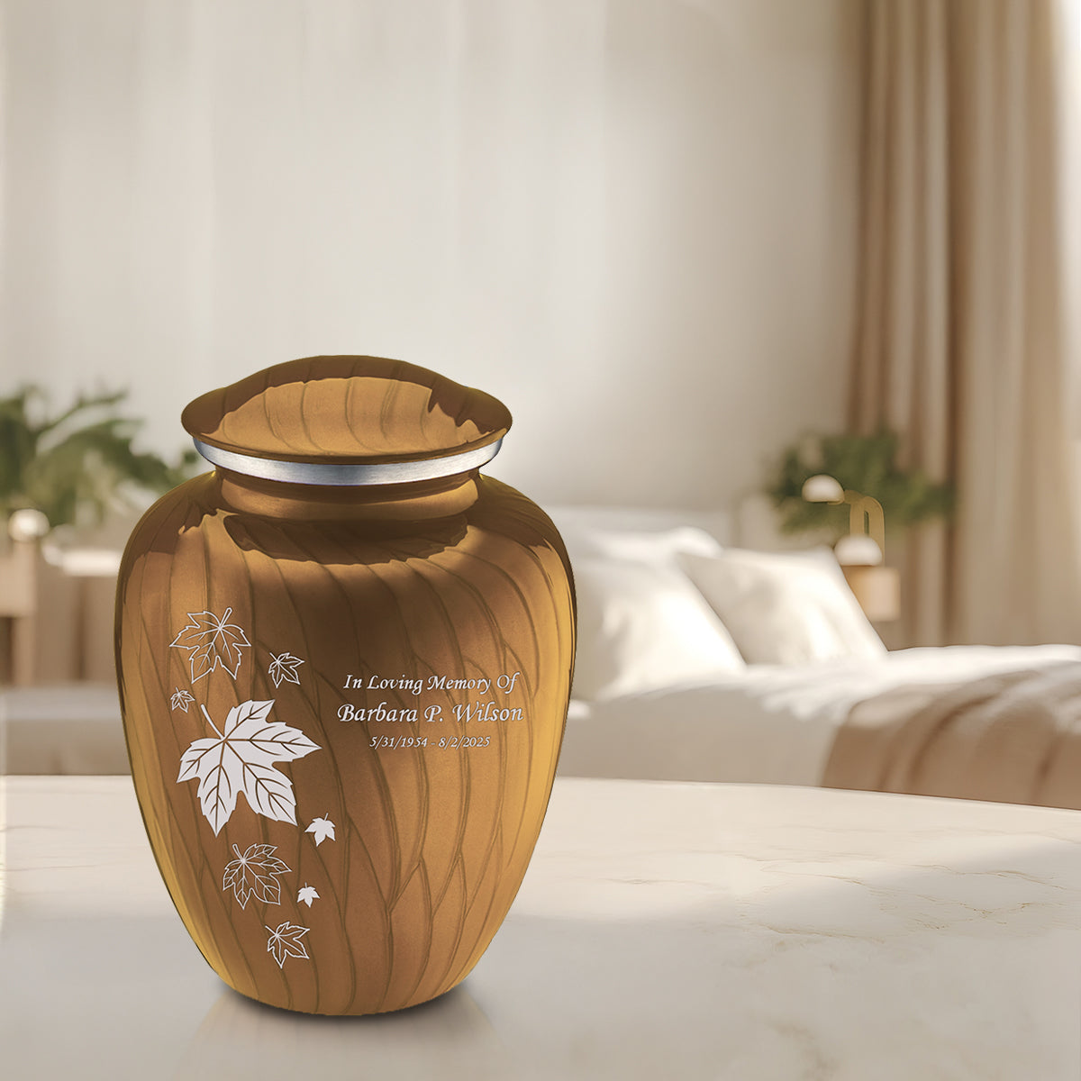 Adult Embrace Pearl Gold Falling Leaves Cremation Urn