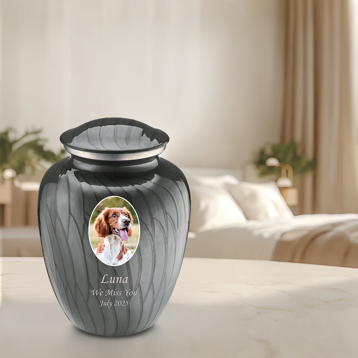 Adult Pet Embrace Pearl Silver Portrait Cremation Urn