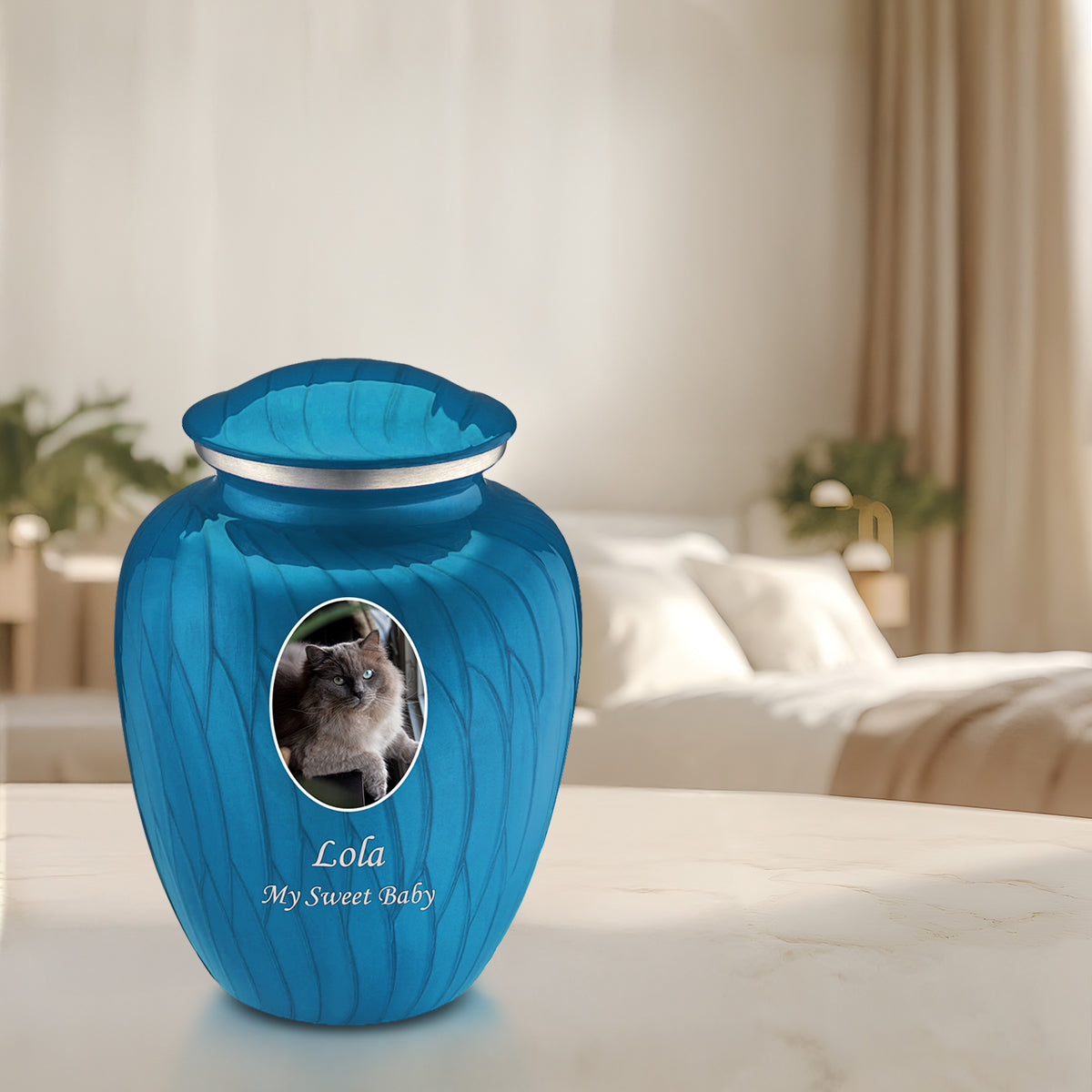 Adult Pet Embrace Pearl Racing Blue Portrait Cremation Urn