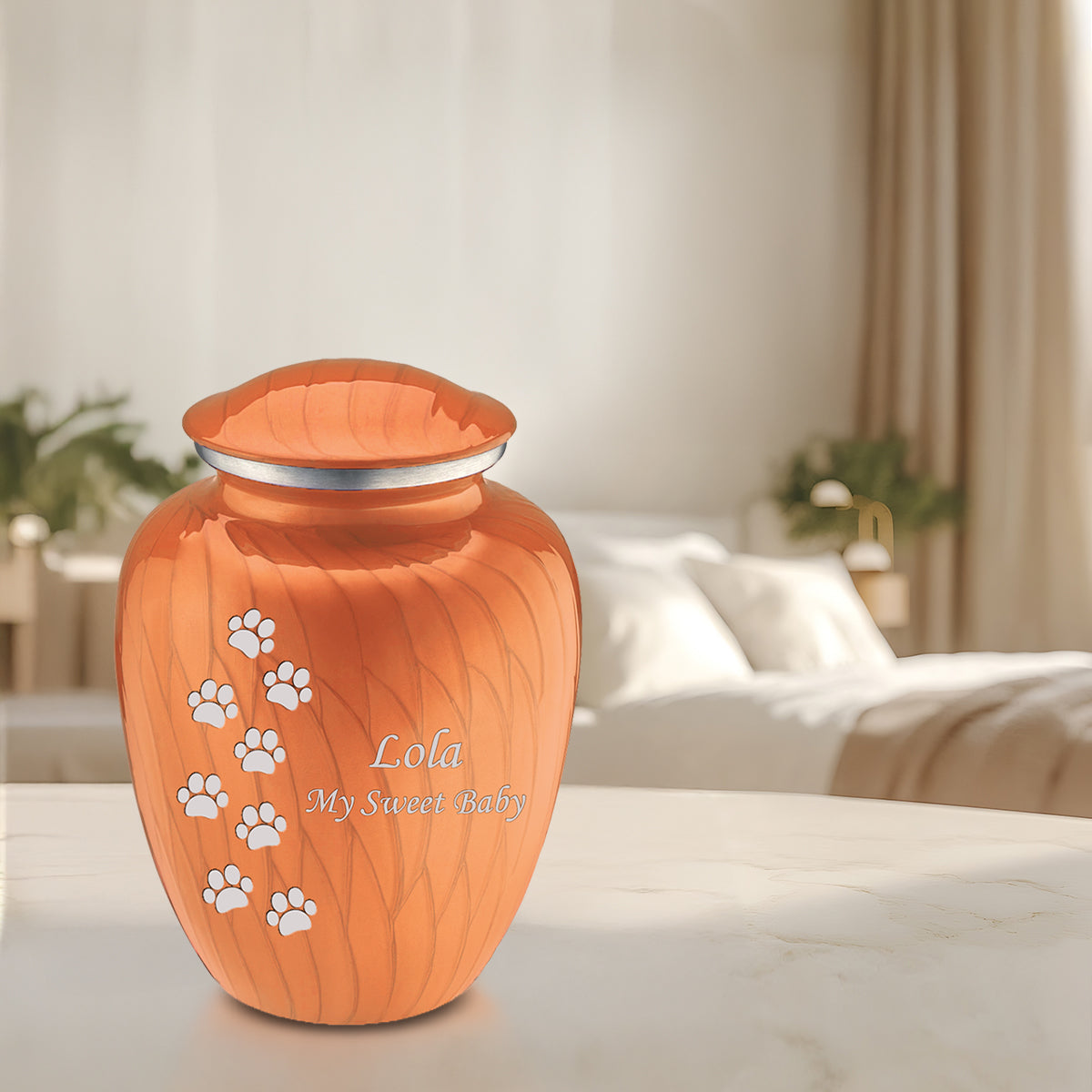 Large Embrace Pearl Orange Walking Paws Pet Cremation Urn