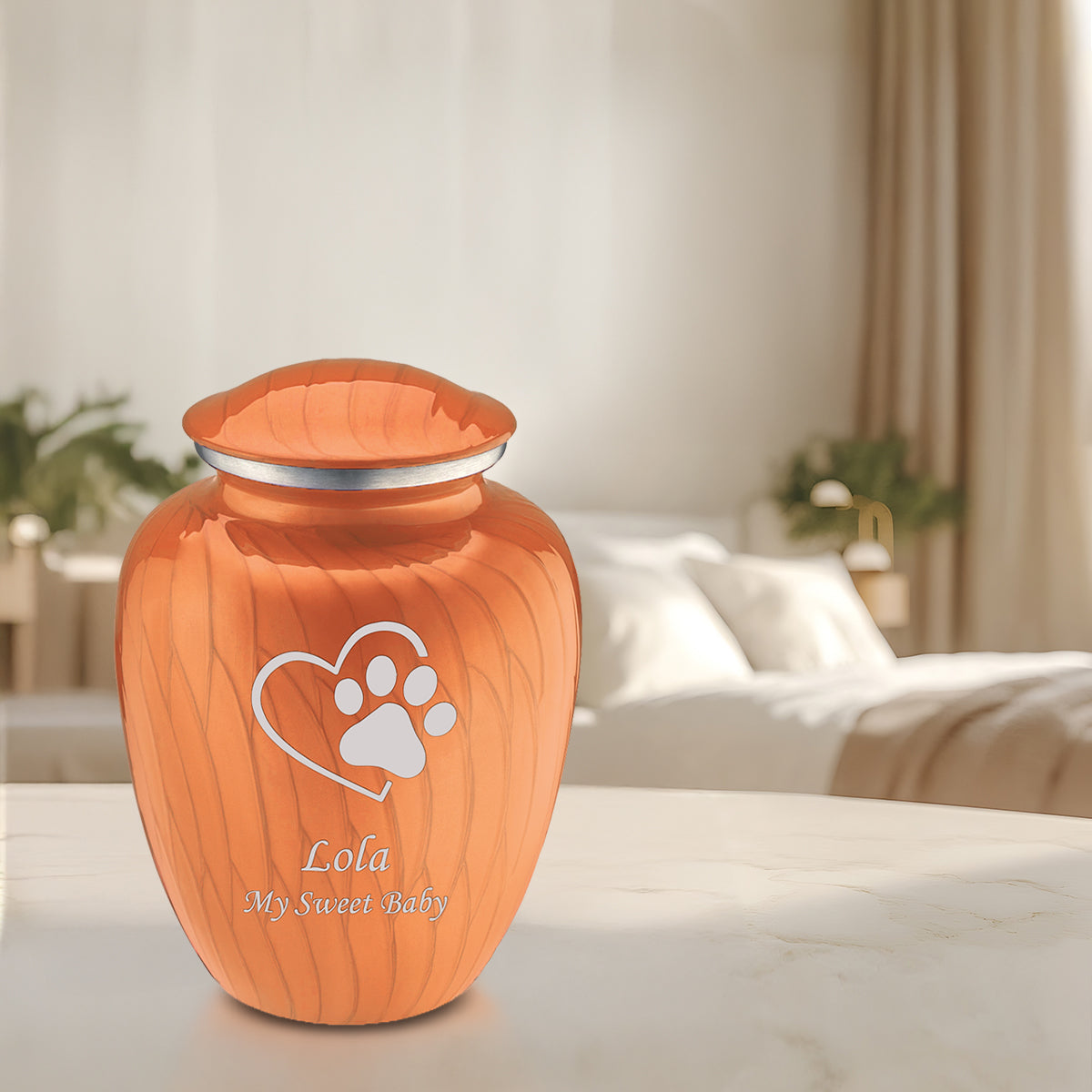 Large Embrace Pearl Orange Single Paw Heart Pet Cremation Urn